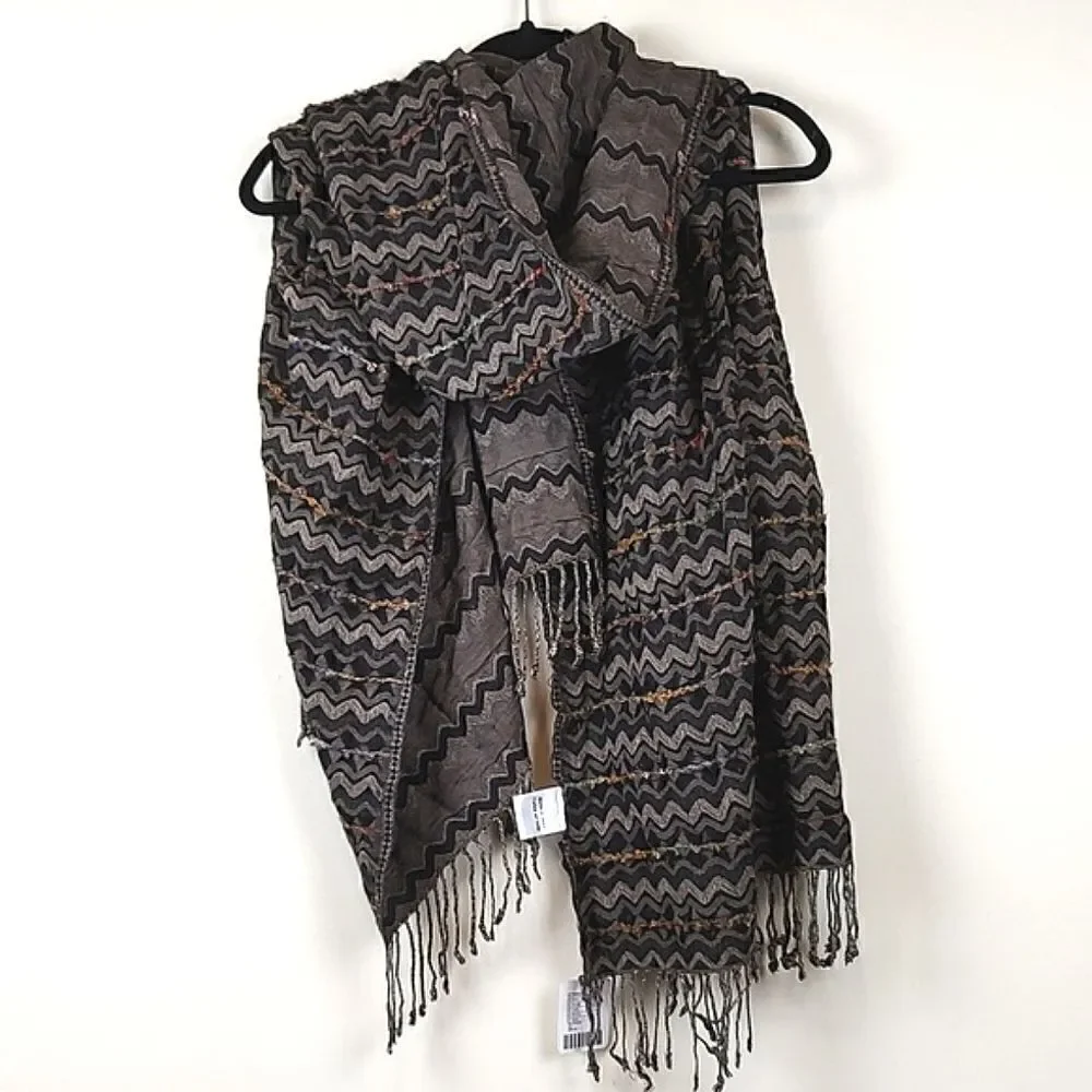 Free People Zig Zag Stripe Boho Fringe Scarf Wrap Festival Coastal Beachy